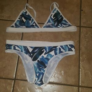 Blue and White Leaf Print Bikini